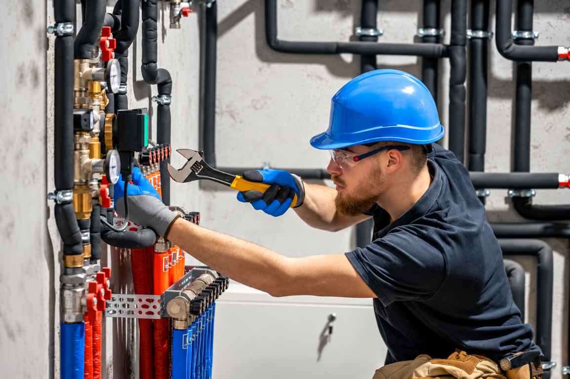 Plumbing technician servicing commercial pipes and fittings